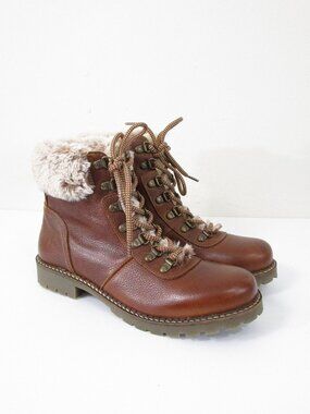 Avellini Brown Leather Faux Fur Lined Mid Calf Lace Up Hiking Boots 40 9.5 10